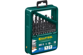 картинка Набор сверл по металлу Kraftool HSS-G сталь М2(S6-5-2), 19шт (1-10мм) (29651-H19) Центр Кровли